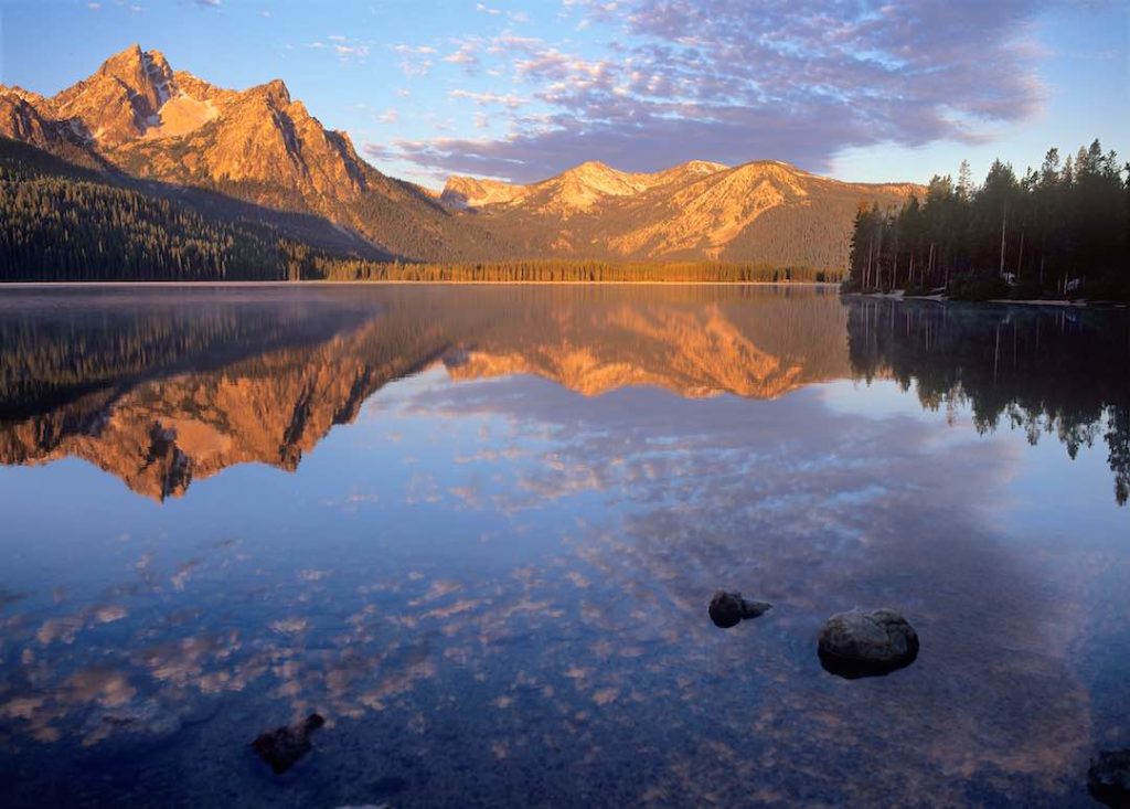 Sawtooth mountains reflected in Stanley lake.